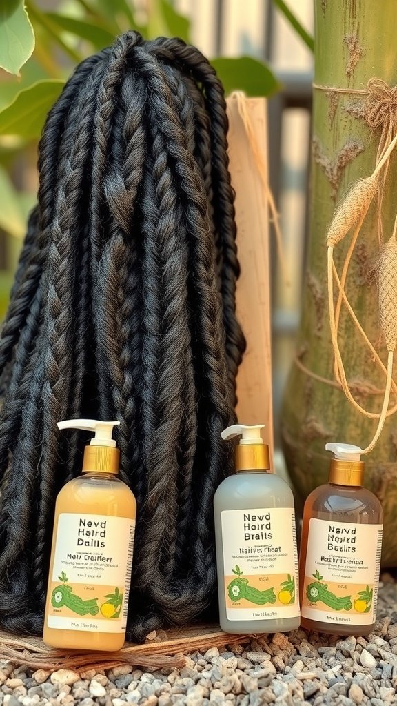 Image of knotless braids with curly ends and eco-friendly hair care products