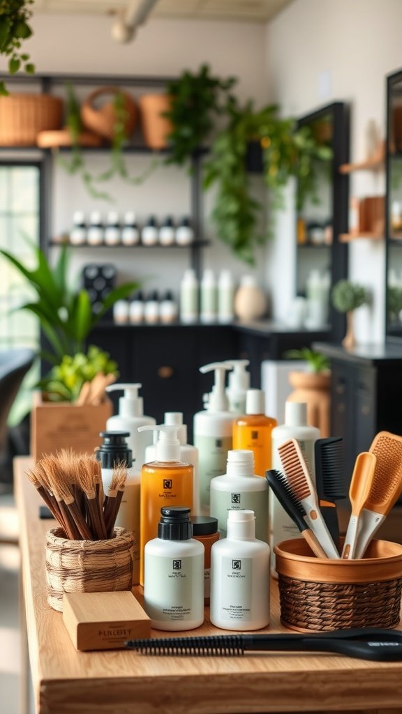 A salon interior with eco-friendly hair products and tools on display.