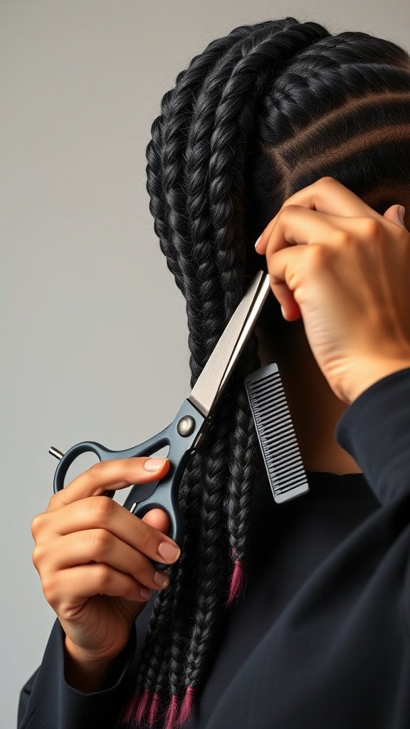 A person cutting the ends of small knotless box braids with scissors, preparing to take them down.