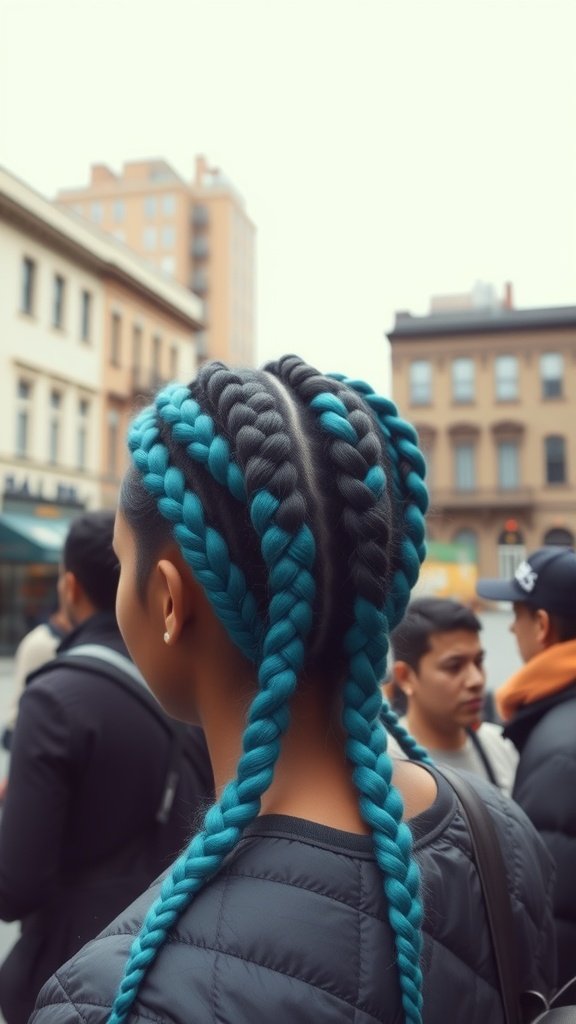 A person with teal and black knotless braids, showcasing a stylish hairstyle in an urban setting.