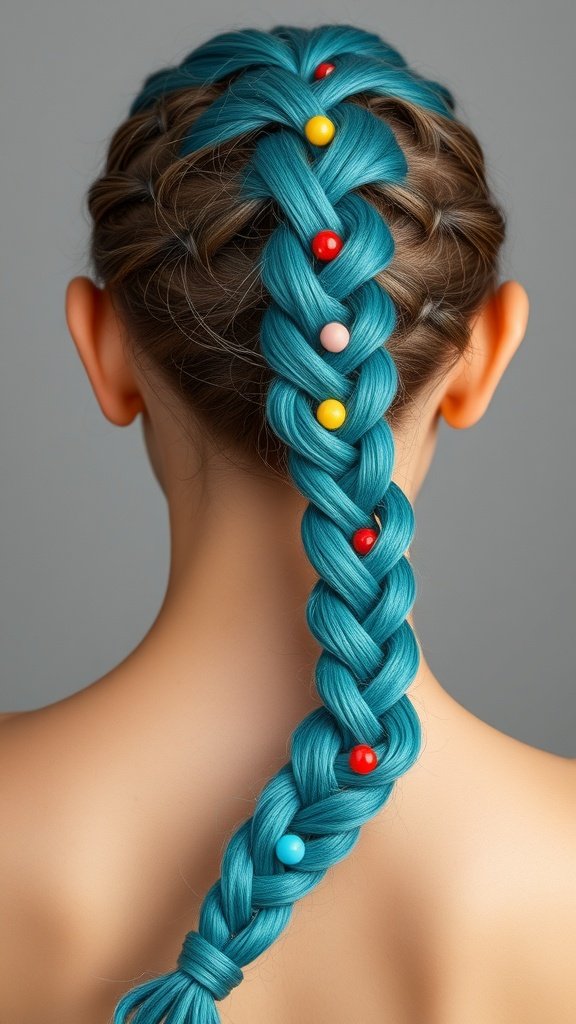 A close-up of teal knotless braids adorned with colorful beads, showcasing a stylish and playful hairstyle.