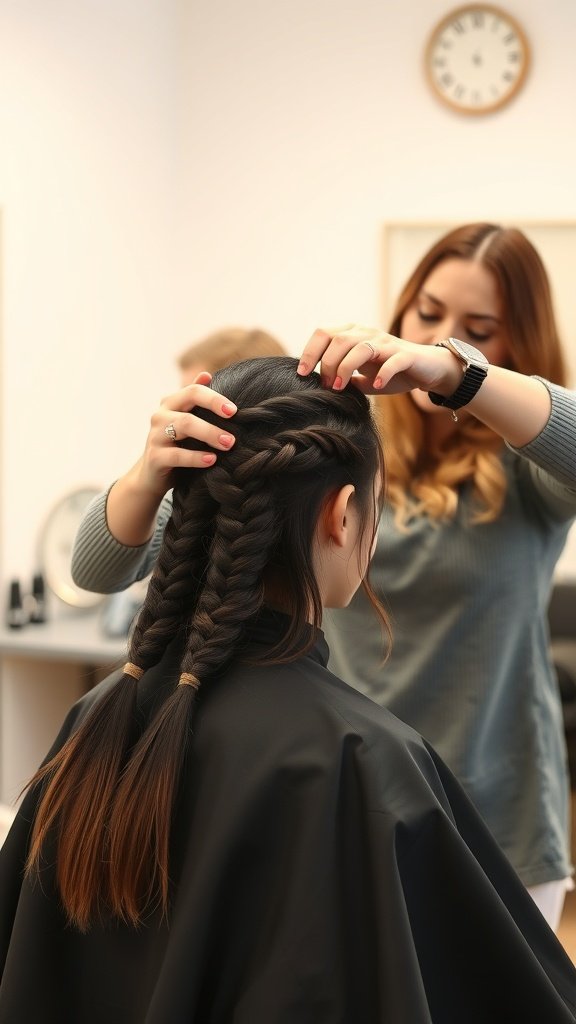 A stylist creating knotless braids on a client's hair in a salon setting.
