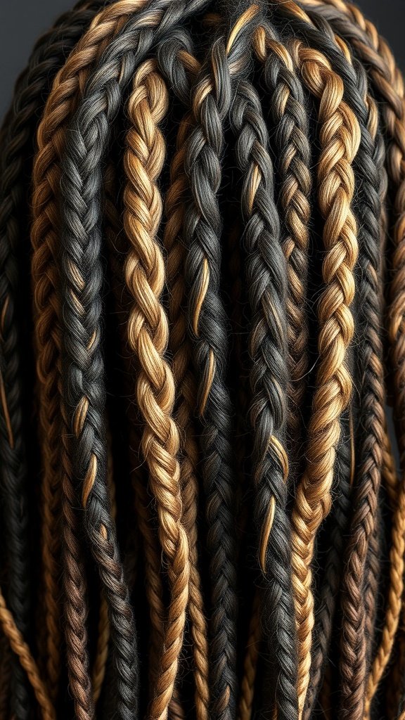 Close-up of boho knotless braids featuring a mix of dark and light colors.