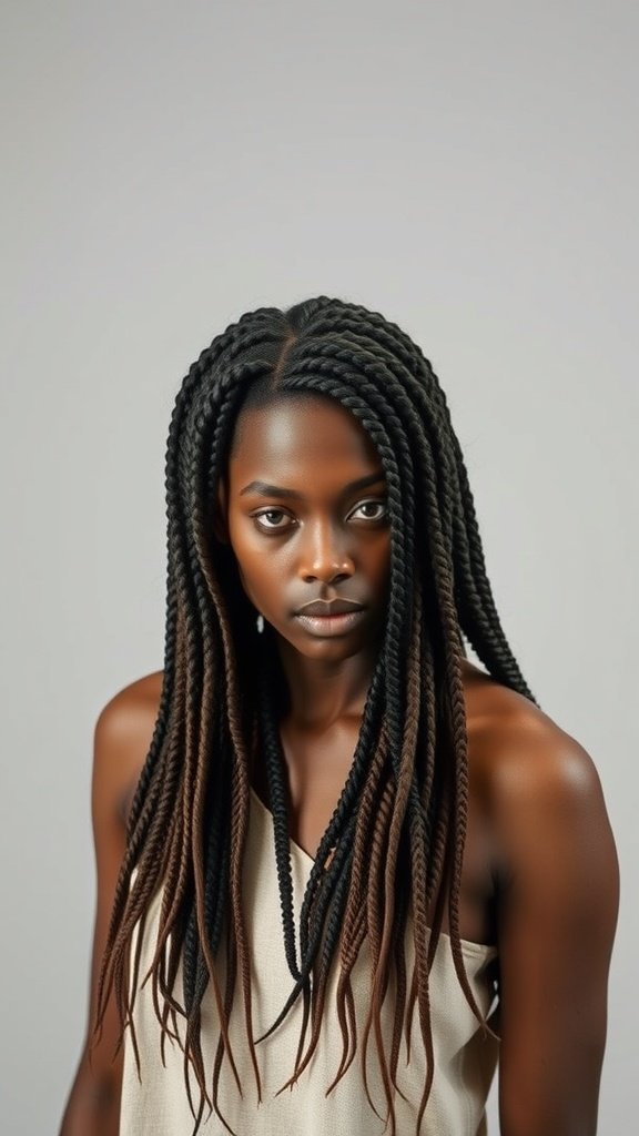 A woman with long knotless braids styled elegantly, showcasing volume and beauty.