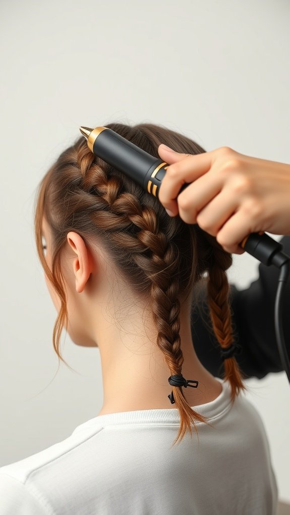 A stylist curling the ends of medium short braids with a curling tool.