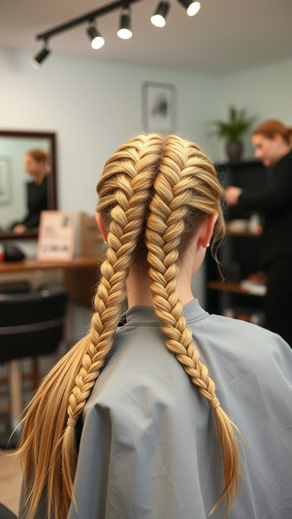 Honey blonde knotless braids styled neatly in a salon setting