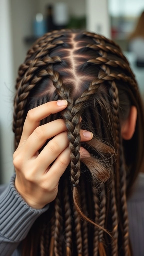 Close-up of a person's head with medium knotless braids, showcasing neat parting and styling.