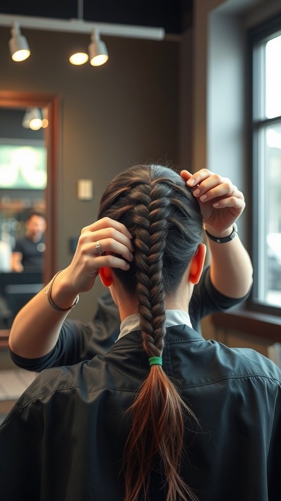 A stylist working on a large knotless braid in a salon setting.
