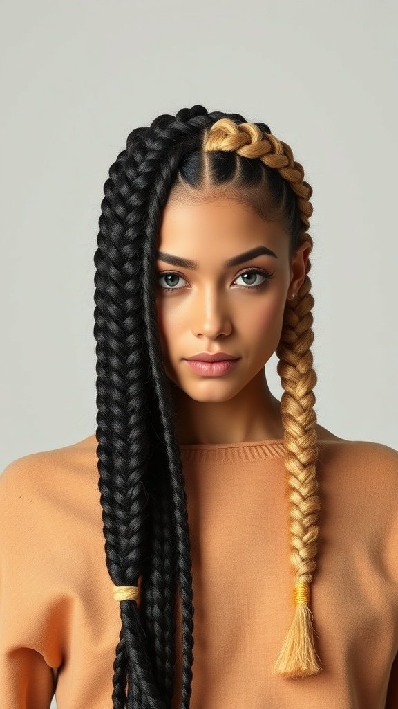A model showcasing knotless braids with black and blonde colors.