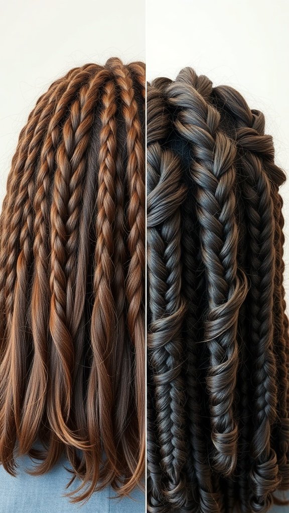 Image showing two styles of knotless braids, one with individual braids and the other with larger bohemian styles.