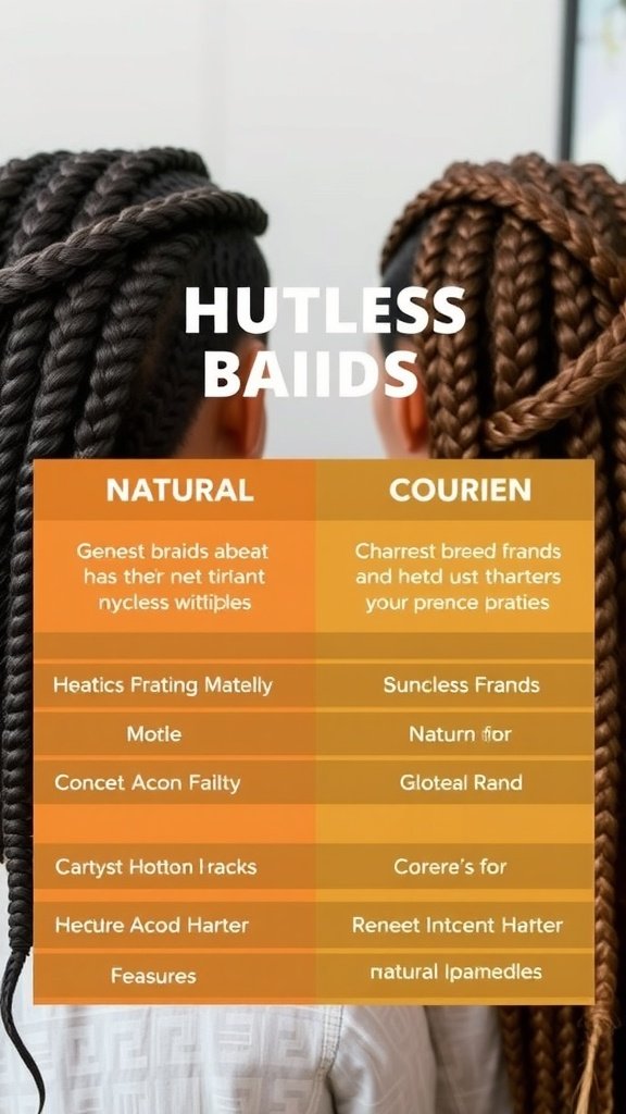 Two women showcasing different styles of knotless braids, one in honey brown and the other in black.