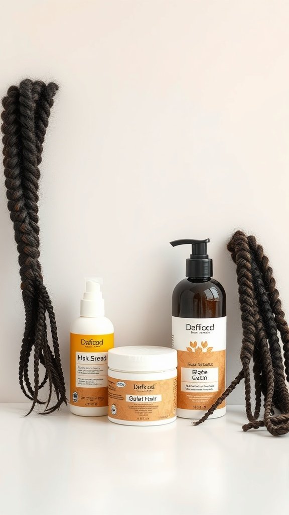 Hair products for maintaining knotless braids, including a leave-in conditioner, hair cream, and oil treatment.