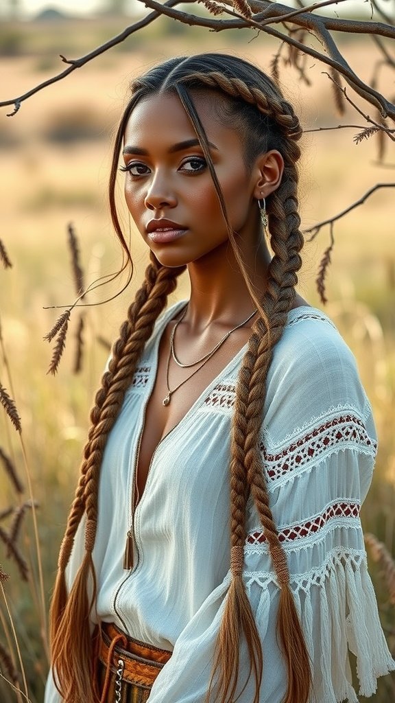 A woman with knotless boho braids in a natural setting, wearing a flowy white top.
