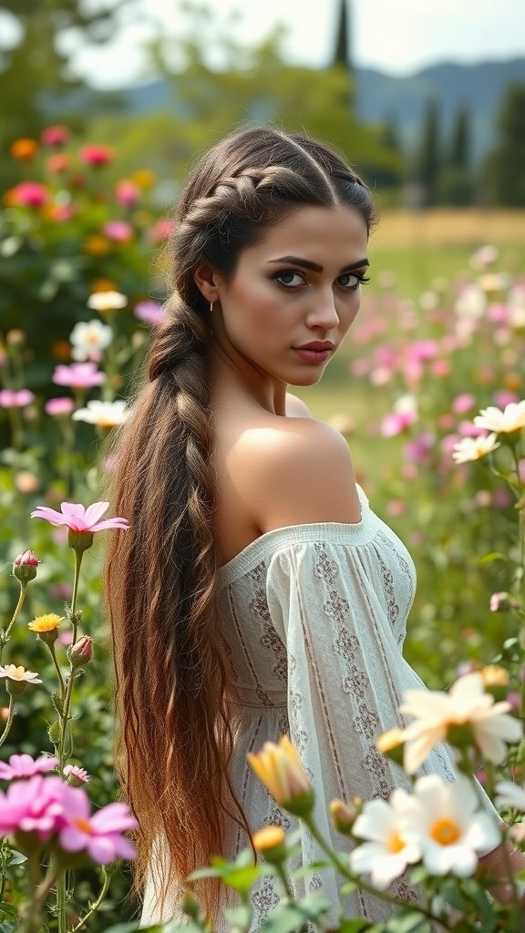 A model with long braided hair in a flower field, showcasing a bohemian aesthetic.