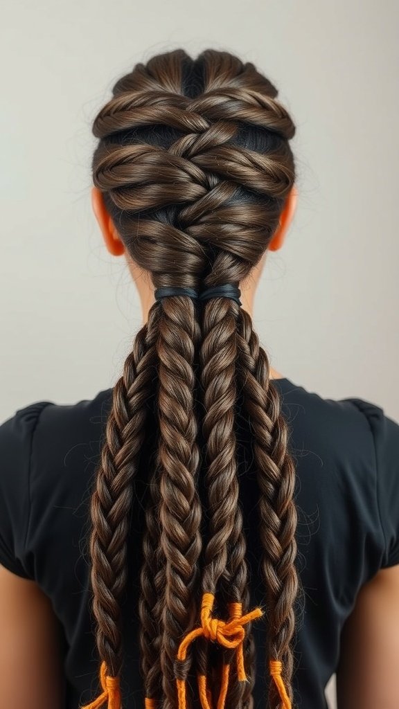 A back view of a person with stylish short boho knotless braids, featuring intricate patterns and colorful accents.
