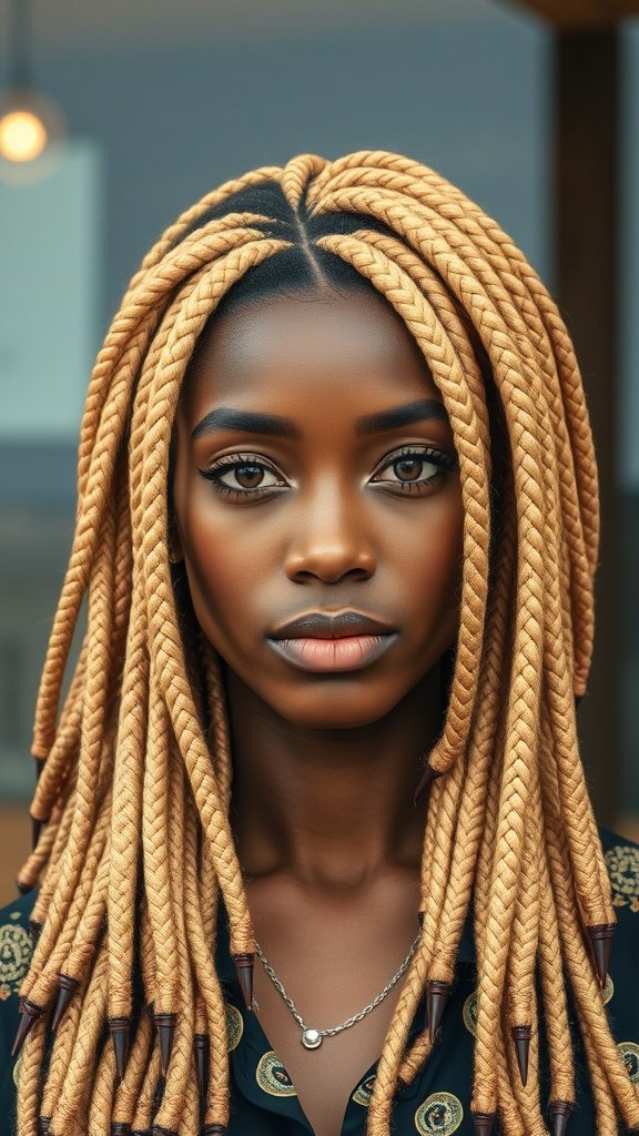 A woman with blonde knotless box braids, showcasing a stylish and confident look.