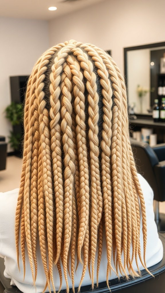 A close-up view of blonde knotless box braids styled neatly.