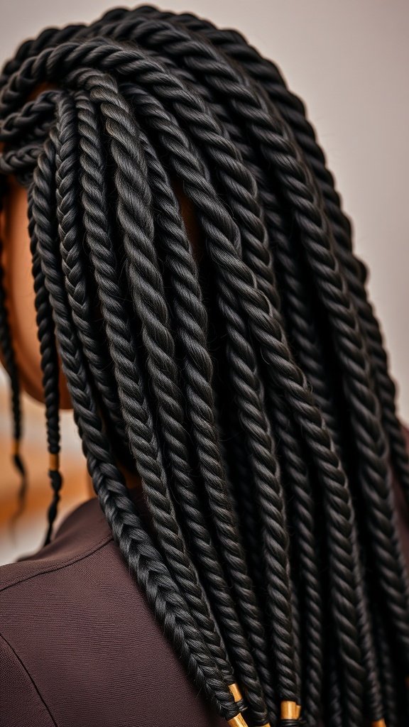 A close-up view of honey brown knotless braids, showcasing their length and texture.