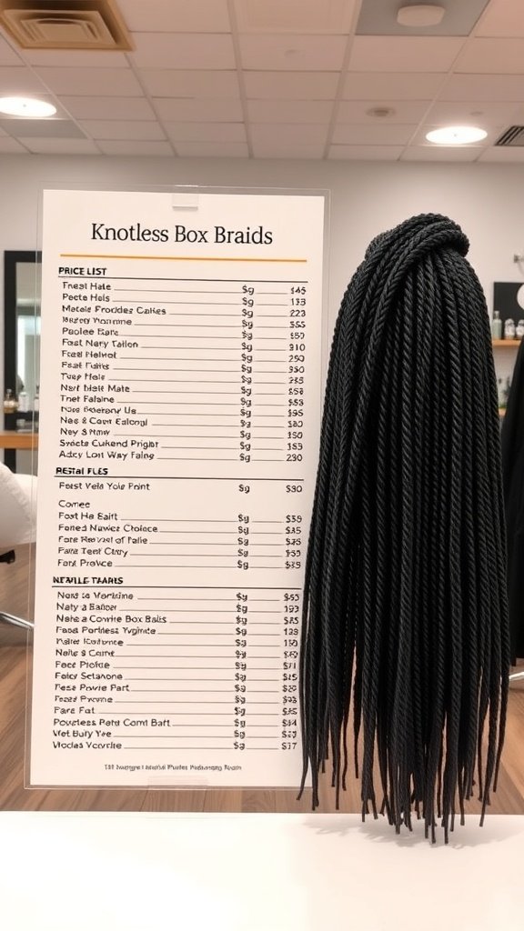 Price list for knotless box braids services displayed in a salon.