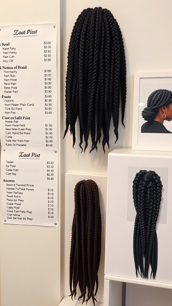 Image showing various types of knotless box braids and a price list for different braid styles.