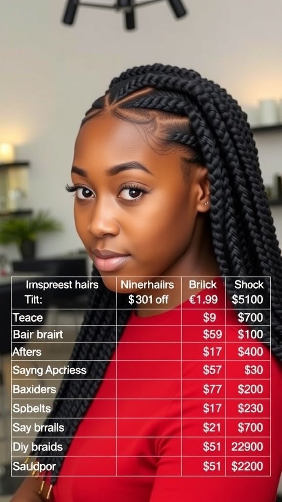 A woman with large knotless box braids, showcasing a detailed cost breakdown for various braiding styles.