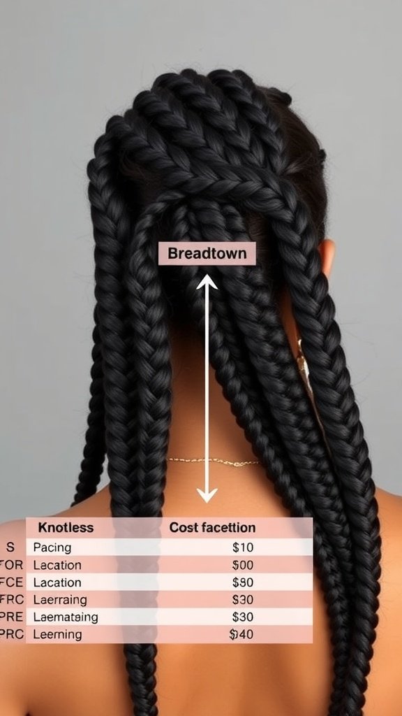 Image showing a detailed breakdown of costs for knotless braids, highlighting various services and their prices.
