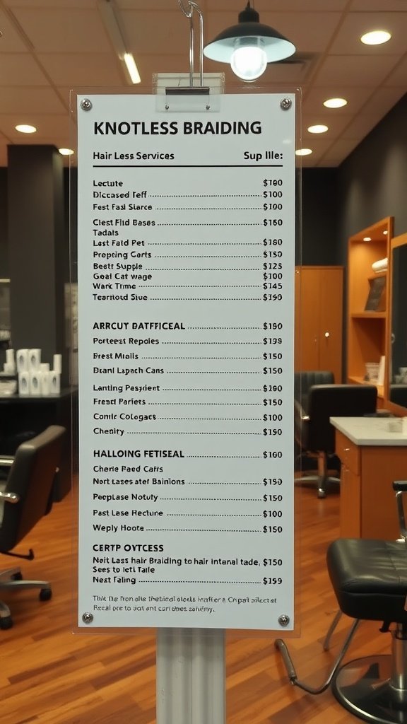 Price list for knotless braiding services in a salon
