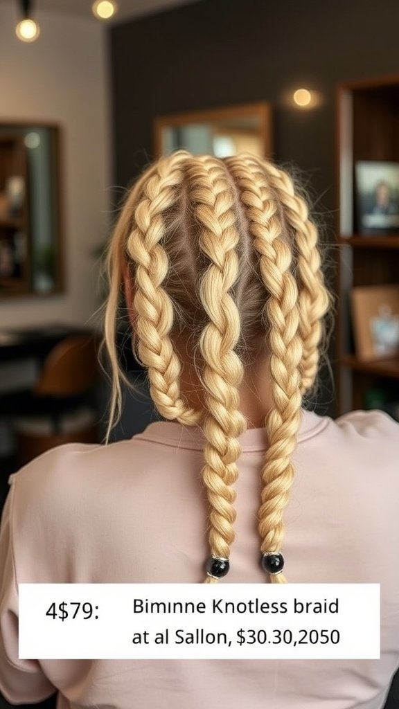 Blonde knotless braids styled in a salon setting