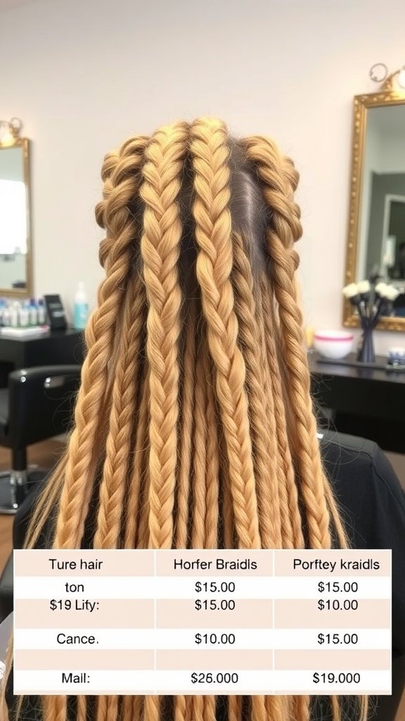 Image showing different prices for knotless braids in honey blonde color.