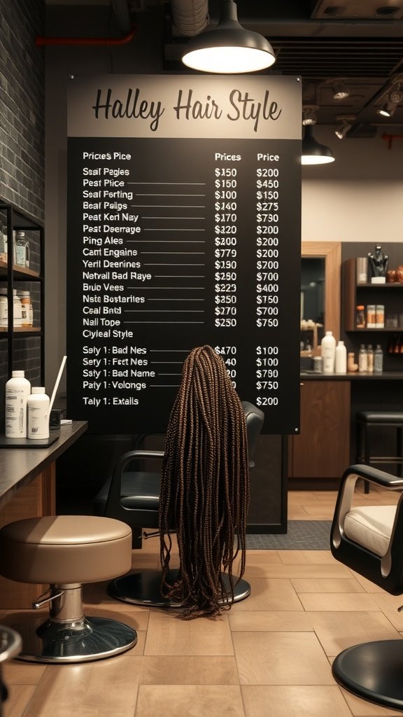 Price list for hair services at a salon, showing costs for various styles including large knotless braids.