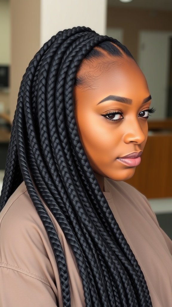 A close-up of a person with jumbo knotless box braids, showcasing the sleek and stylish appearance of the hairstyle.