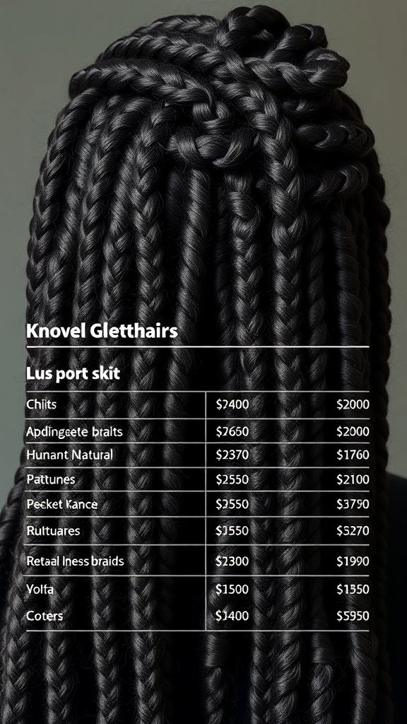 Image showing various knotless braid styles and their prices.