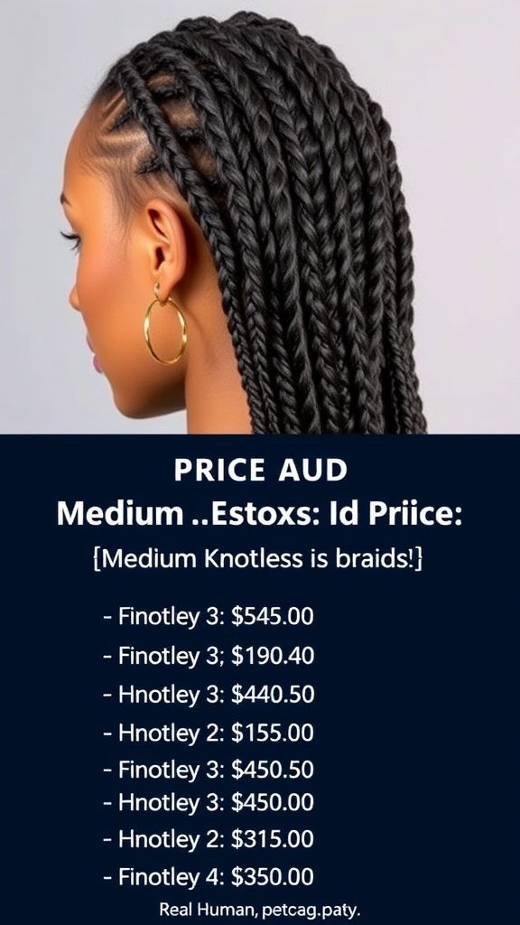 A woman showcasing medium boho knotless braids with a price list for different styles.