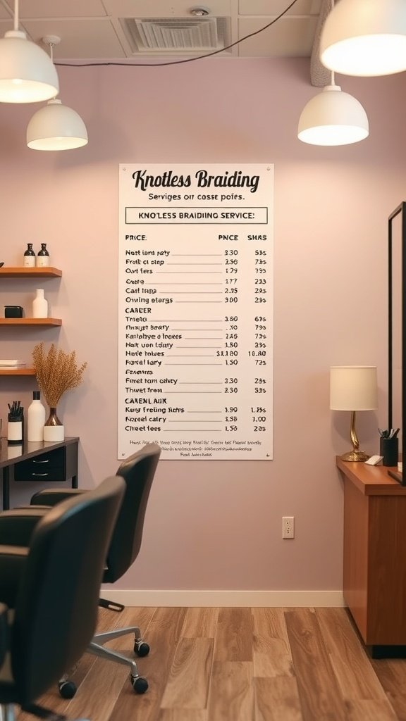 Pricing board for knotless braiding services in a salon setting