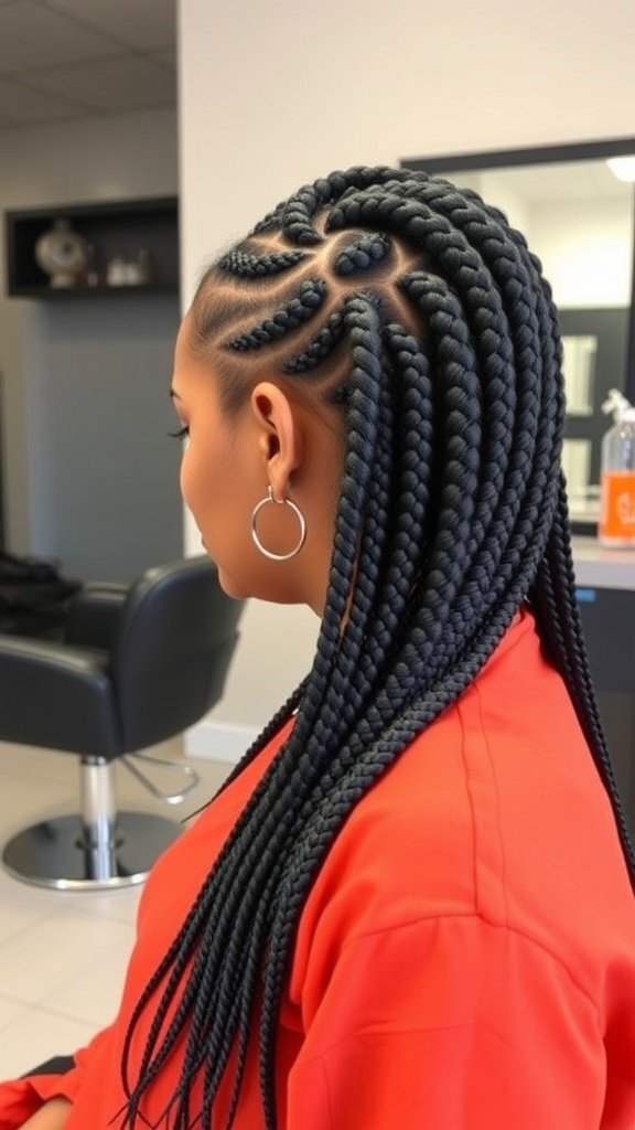A woman with stylish knotless braids, showcasing a neat and elegant hairstyle.