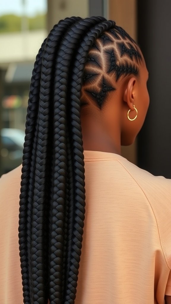 A woman showcasing a stylish braided hairstyle with intricate designs.