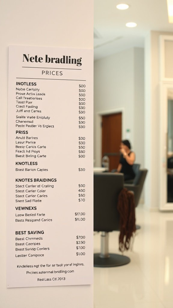 Price list for braiding services including knotless braids