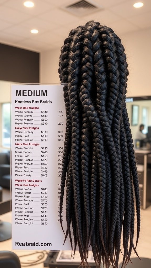 A display of medium knotless box braids with a price list for various styles and lengths.