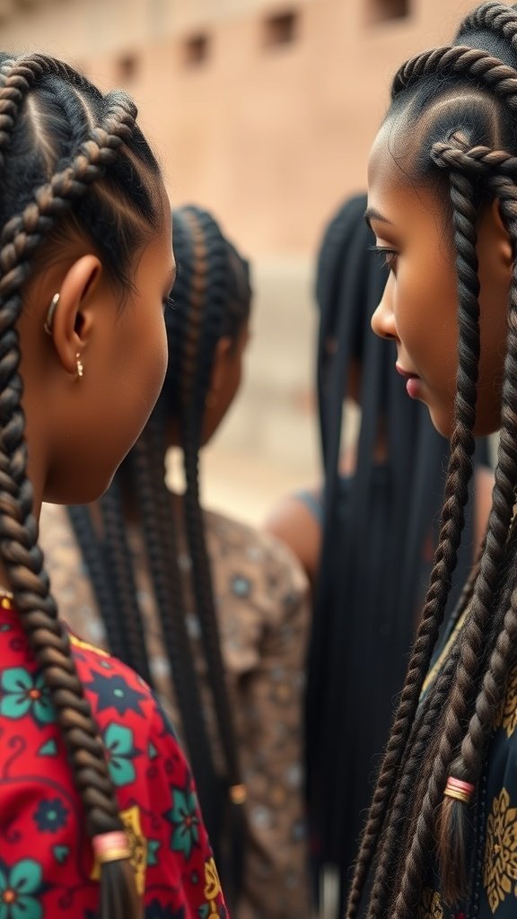A group of individuals with beautiful knotless braids, showcasing the cultural significance of braiding hair.