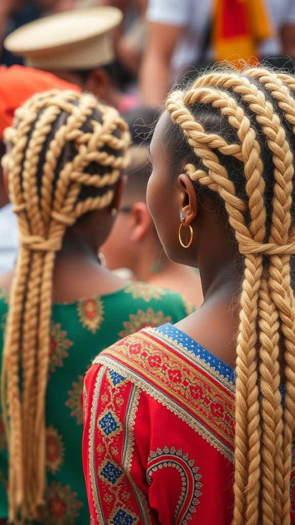 Two women with blonde knotless braids, showcasing a blend of traditional and modern styles.