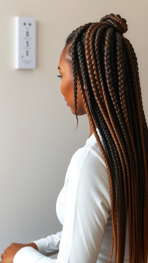 A woman with ginger knotless braids styled elegantly, showcasing the beauty and intricacies of the hairstyle.