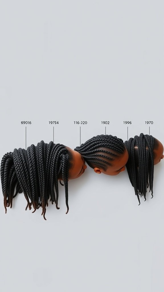 A display of various styles of medium knotless box braids on mannequin heads, showcasing the evolution of box braids.