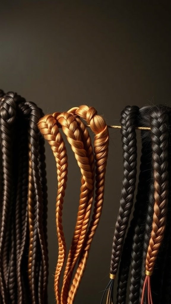 An array of large knotless box braids in various colors, showcasing the evolution of braiding styles.
