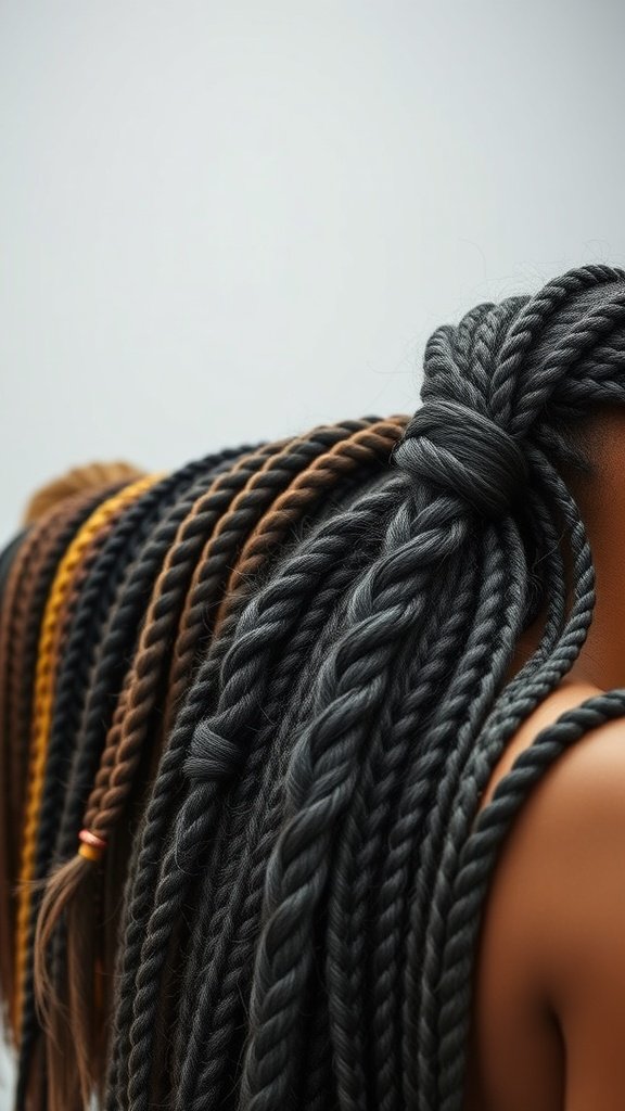 An array of knotless braids in different shades, showcasing the evolution of braiding styles.