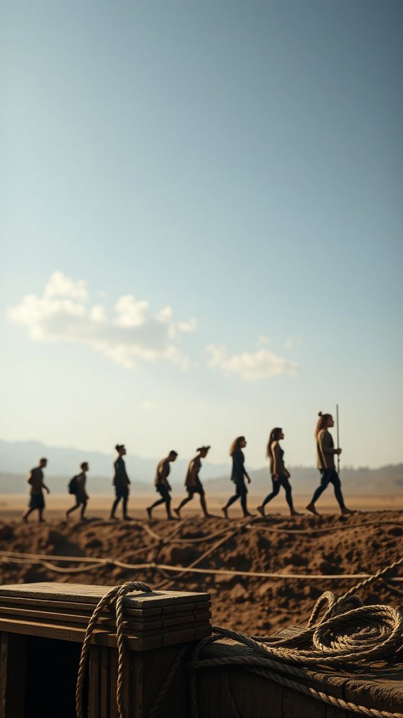 A group of people walking in a line, showcasing various hairstyles.