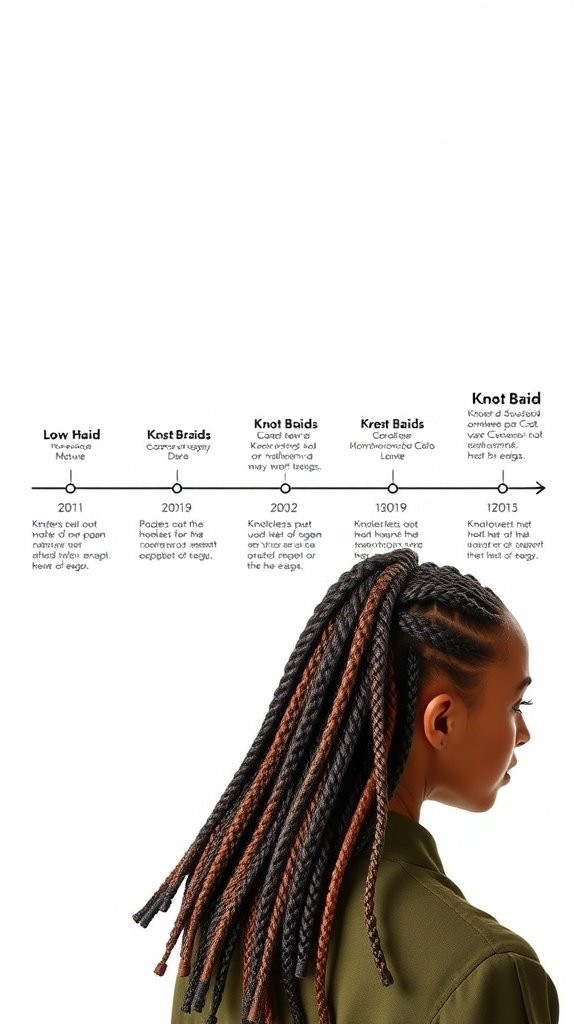 A visual timeline showing the evolution of knotless braids from 2011 to present, featuring various styles and techniques.