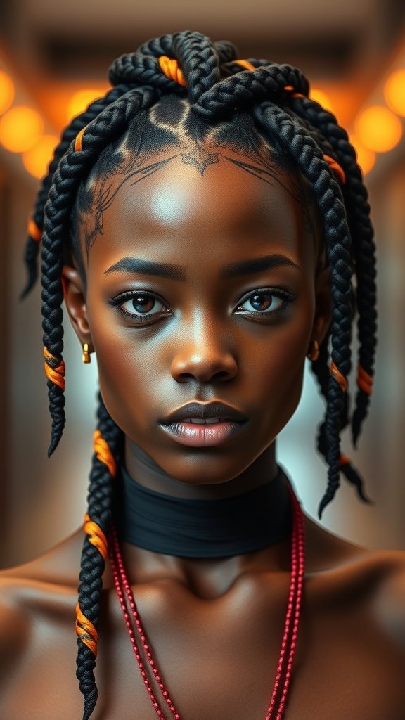 A close-up of a model with knotless box braids, showcasing intricate patterns and vibrant colors.