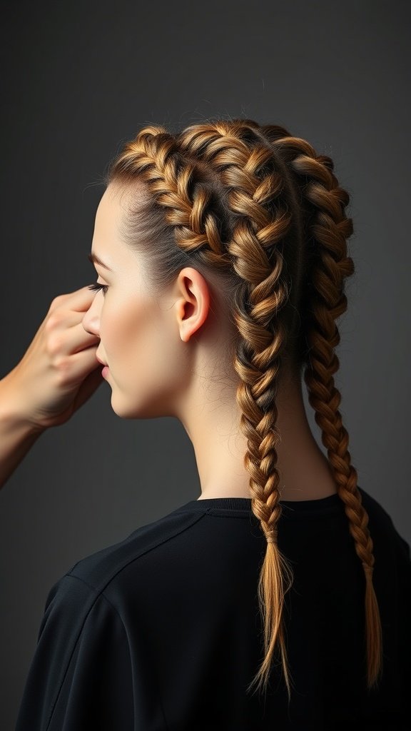 A woman with ginger knotless braids styled with a sleek finish.