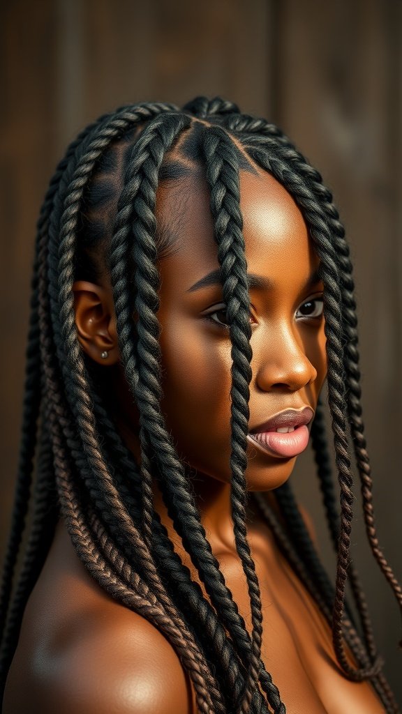 A close-up of a person with knotless braids, showcasing the intricate and stylish hairstyle.