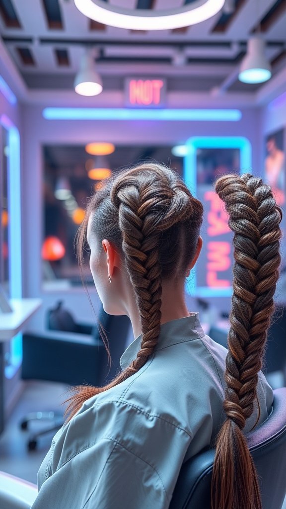 A woman with blonde boho knotless braids sitting in a modern salon.
